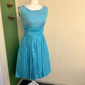 Vintage 50s Monochromatic Madmen Sky Blue Lace and Chiffon Fit and Flare Dress